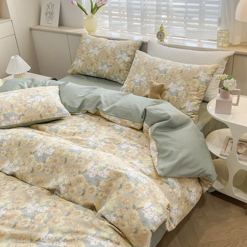 Nuevo algodón de cuatro piezas con flores cortas estilo nórdico sábanas de algodón retro de cuatro piezas con tres piezas