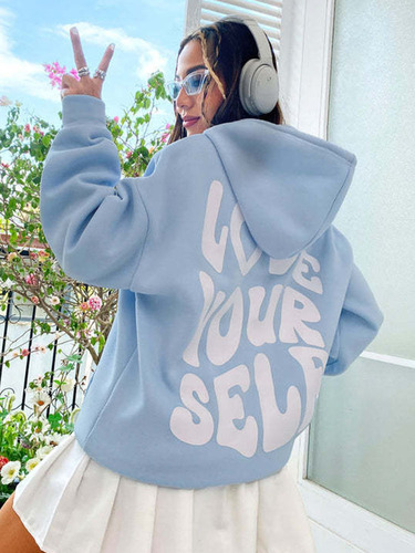 Ladies Fleece Hooded Sweatshirt with Letter Print on Back, Casual Hooded Sweatshirt, Origin Style Top, Korean Style