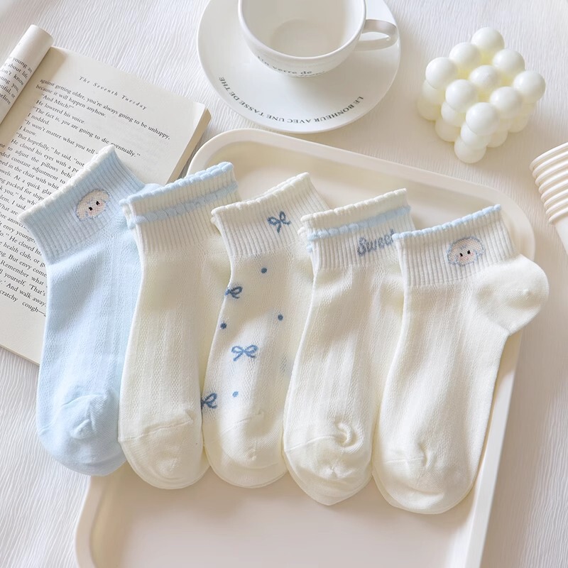 light blue Bow Mesh Socks Women's Socks Summer Pure Cotton Thin Breathable Milk White Shallow Mouth Boat Socks Sweet Japanese