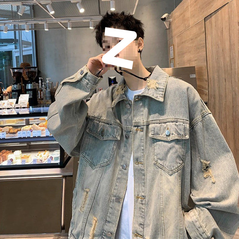 破洞牛仔外套男复古欧美色款夹克黄泥美式感秋秋痞帅炸街潮流黑色