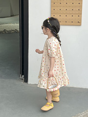 2024夏裝女童甜美風滿印彩色波點泡泡短袖寬鬆連衣裙公主娃娃裙