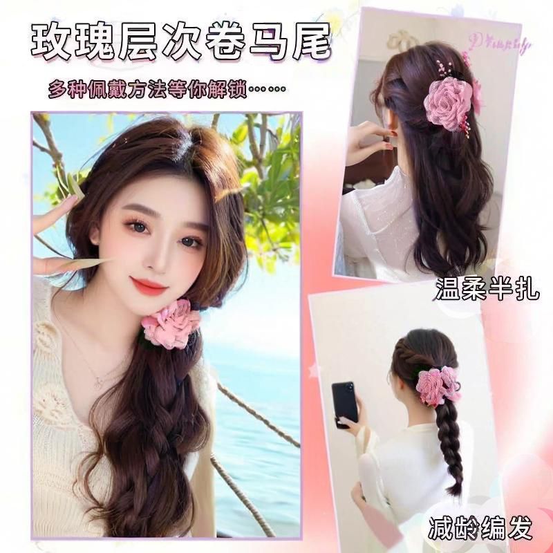 Peluca de cola de caballo mujer rojo neto corbata lateral flor de rosa pinza simulación natural cabello ondulado cabello rizado peluca trenzada cola de caballo