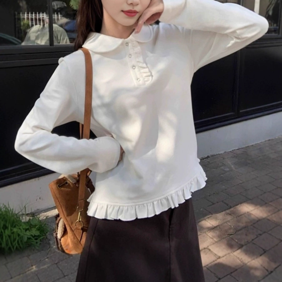 Derong White Long-Sleeved T-Shirt for Women Autum 2025 New Design Niche Sweet Doll Collar Top Bottoming Shirt