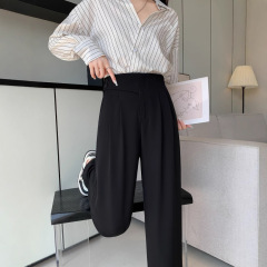 女性用の黒のナローワイドレッグパンツ、ゆったりとスリム、2025春秋カジュアルハイウエストストレートスーツフロアレングスパンツ