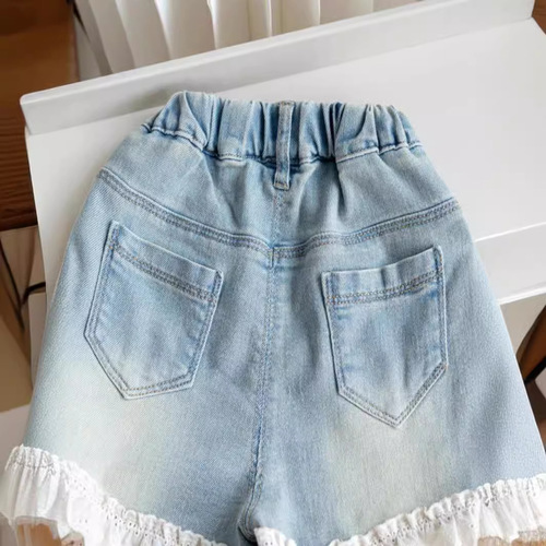 Summer Floral Edge Heat Shorts 2024 New Korean Style Cartoon Rabbit Embroidery Earbud Edge Stretch Denim Shorts