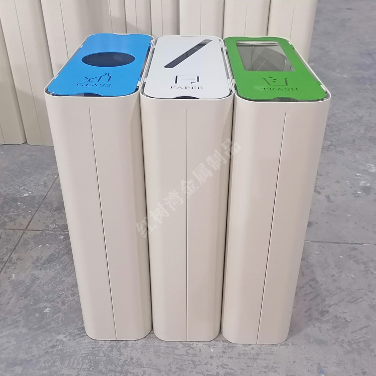 商用酒店室内三色喷粉不锈钢金属分类垃圾桶立式直投口果皮回收箱