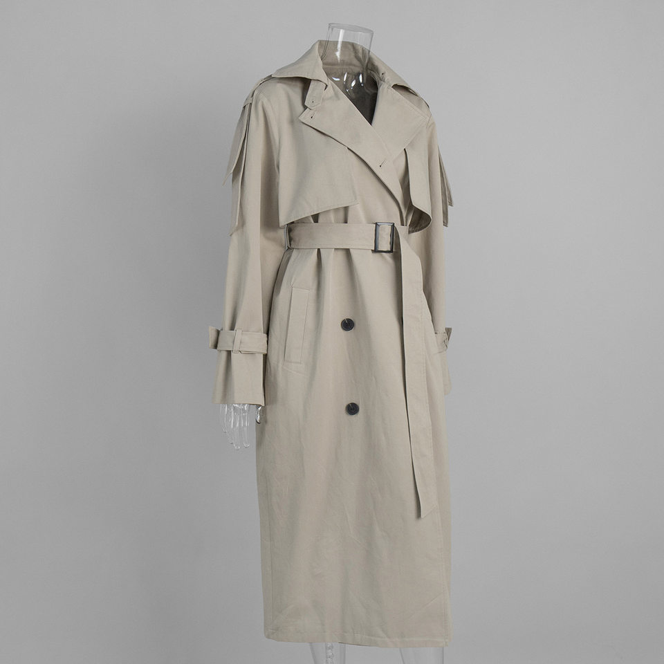 Áo khoác trench coat nữ dáng dài phong cách Âu Mỹ, chất liệu cotton, form rộng có dây thắt eo — Màu kaki, màu xám chi tiết 8