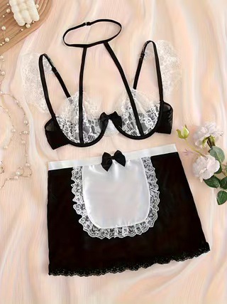 Ensemble lingerie sexy à corset et tablier en dentelle_voghion.com