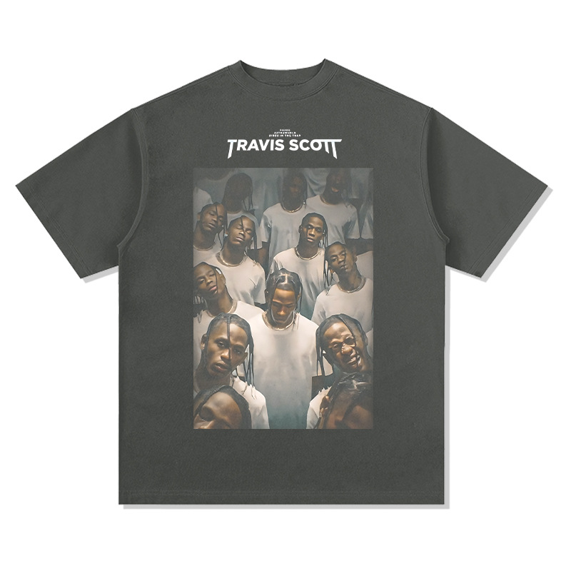 Bc Europa y América calle hip hop Travis Scott rap personaje impreso lavado apenado suelta manga corta Camiseta de los hombres