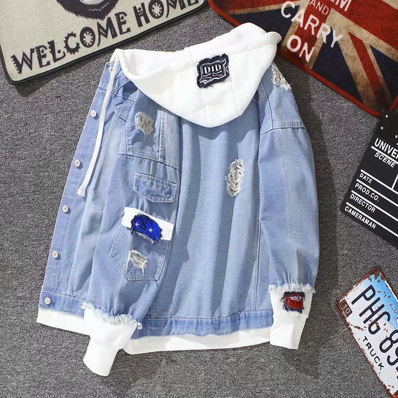 026 Men's Spring and Autumn Trendy Versatile Loose-Fit Cool Hooded Patchwork Faux Two-Piece Workwear Denim Jacket