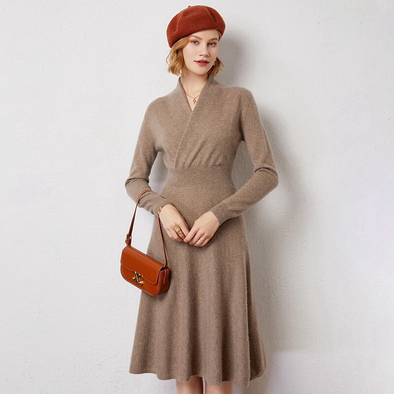 Cross over-the-knee V cashmere dress elegant Women's Mid-collar long slim knit autumn and winter stitching dress