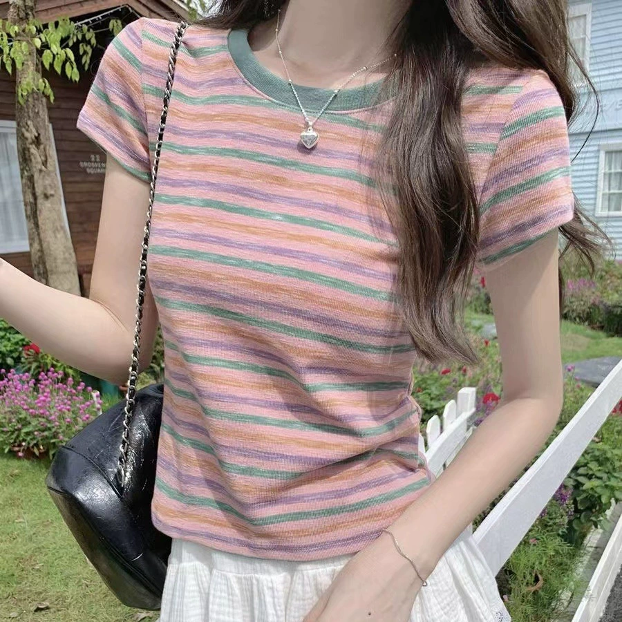 Дизайн цвет в полоску с короткими рукавами футболка женская 2024 летняя одежда новый стиль иностранного стиля с круглым вырезом рубашка рубашка