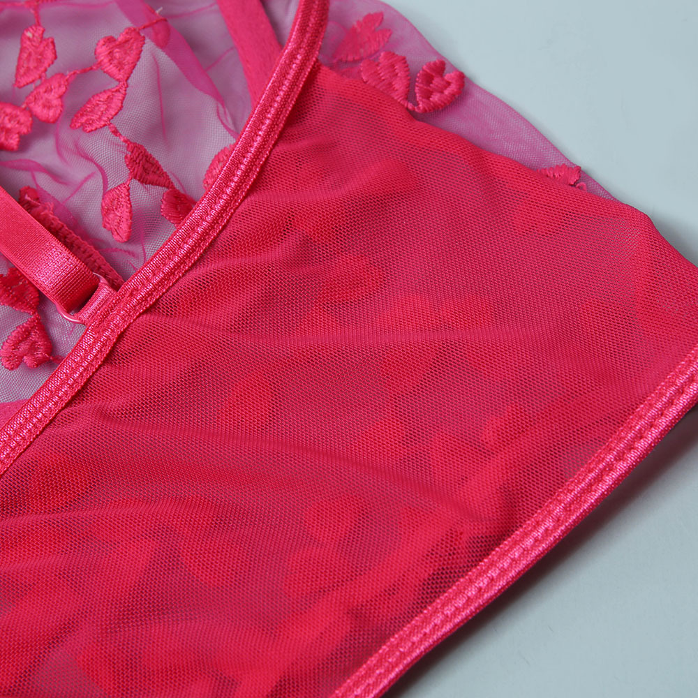 Traje de ropa interior hueca con bordado rojo rosa NSRBL77007