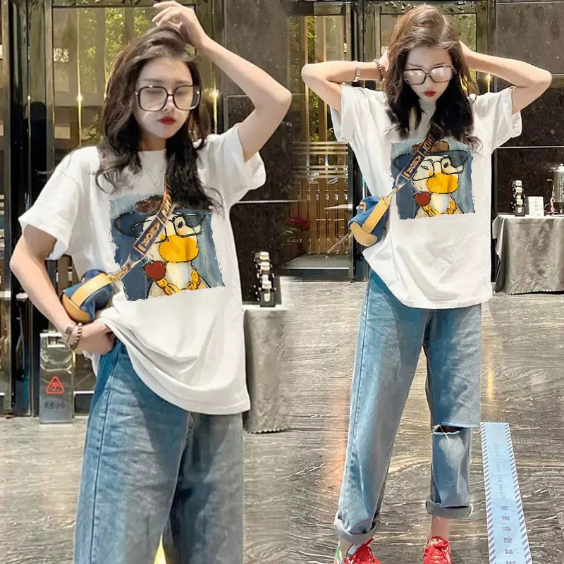 American-Style Pure Cotton Short-Sleeve Duck Print T-Shirt for Women, Summer 2026 New Popular Design, Loose Fit, Slimming Top