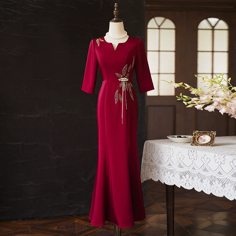 Оптовая продажа от производителя, осенне-зимняя одежда для мам среднего и пожилого возраста, элитное тонкое свадебное банкетное платье с рукавами «рыбий хвост» три четверти