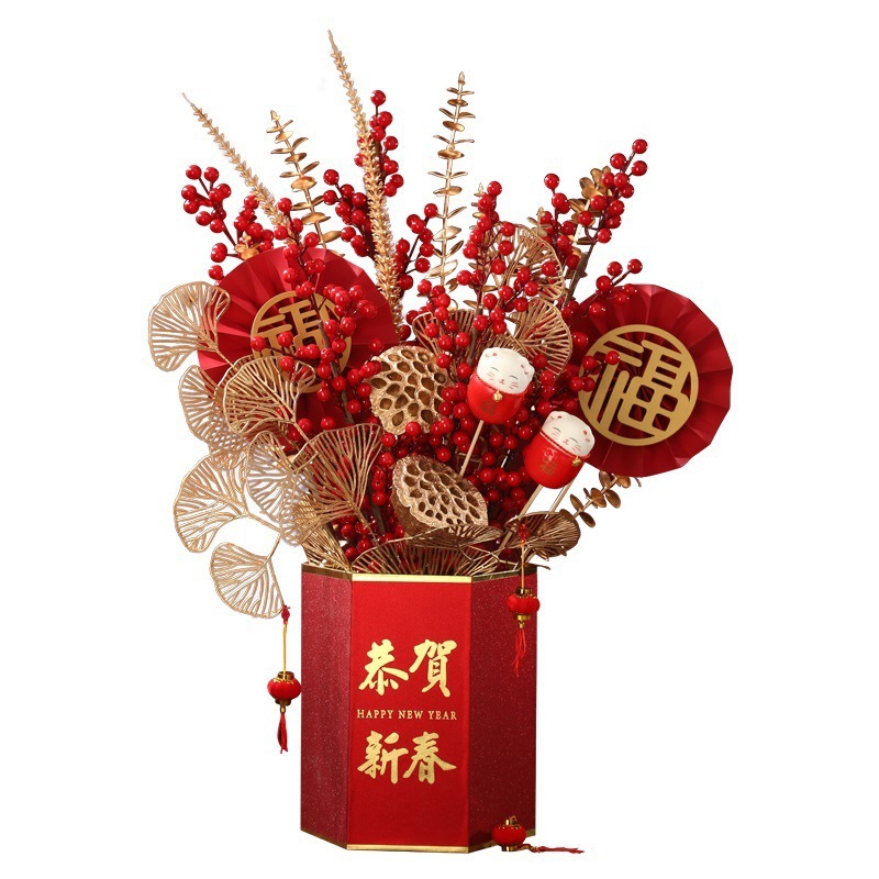 Barril de ginkgo de flores Nochevieja eucalipto Jinfu Arreglo floral Abrazando material de acebo Cubo de bricolaje Fucai Fruta de la fortuna Fruta roja