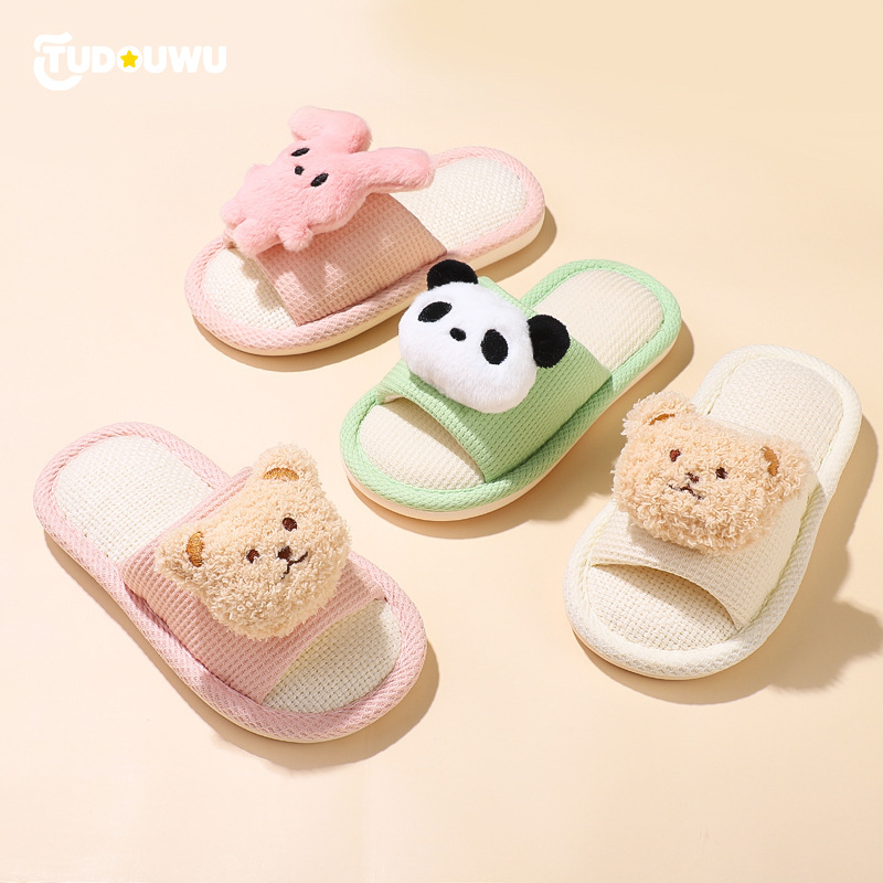 Spring and Autumn Parent-Child Linen Slippers for Men and Women Baby Cartoon Avatar Furry Slippers Autumn and Winter Home Floor Slippers Wholesale