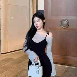 韩国东大门秋冬新款气质假两件斜领露肩拼接修身包臀御姐连衣裙女
