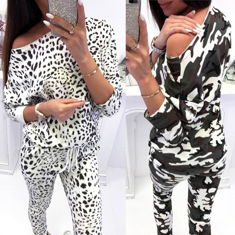 Cross-Border Autumn and Winter European and American New Women's Clothing Large Size Loose Suit Leopard Print Casual Pants Long-Sleeved Tops Home Clothes for Women