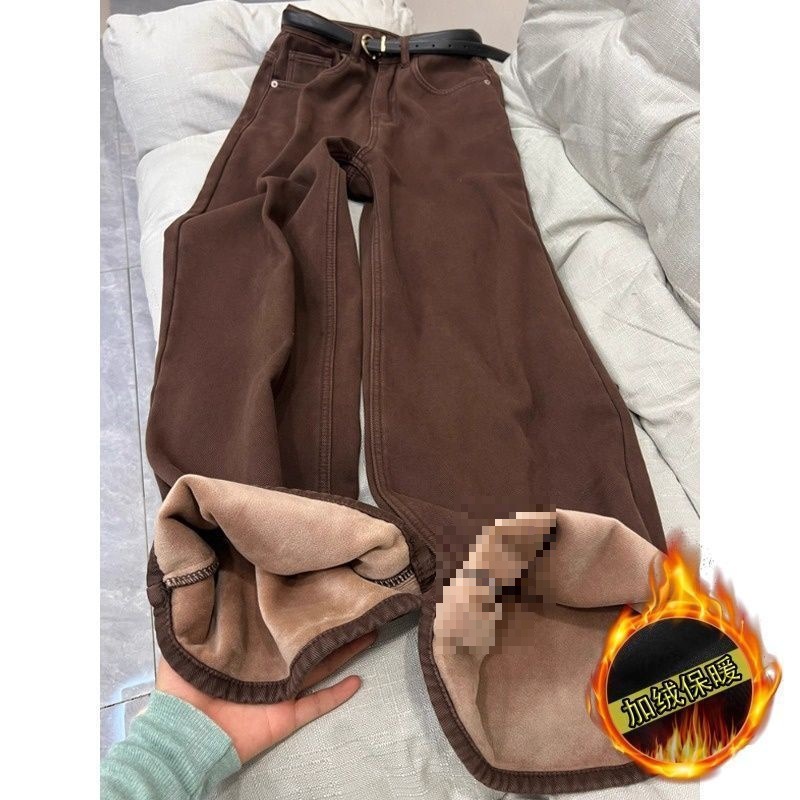 美式复古美拉德棕色加绒加厚阔腿牛仔裤女秋冬高腰宽松直筒裤子潮