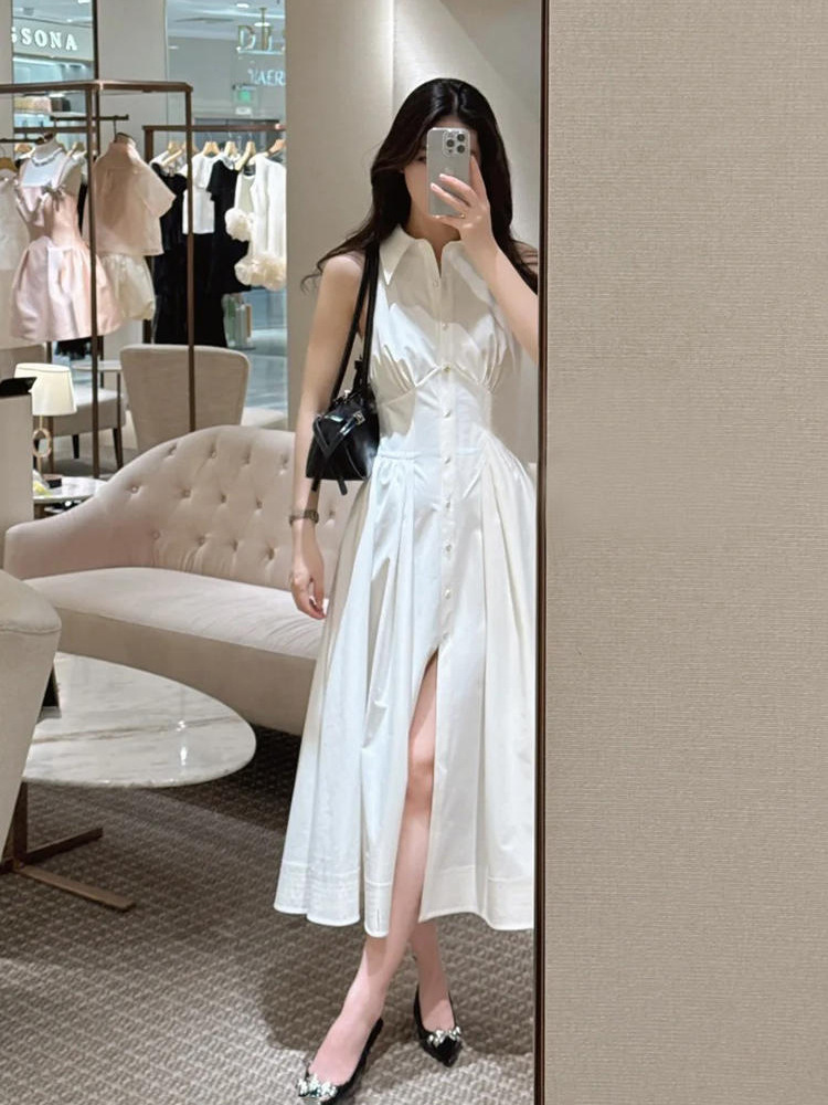 Đầm maxi không tay cổ bẻ kiểu Pháp thiết kế hàng khuy đơn thanh lịch ZX N4094 — Cây sơn chi trắng chi tiết 3