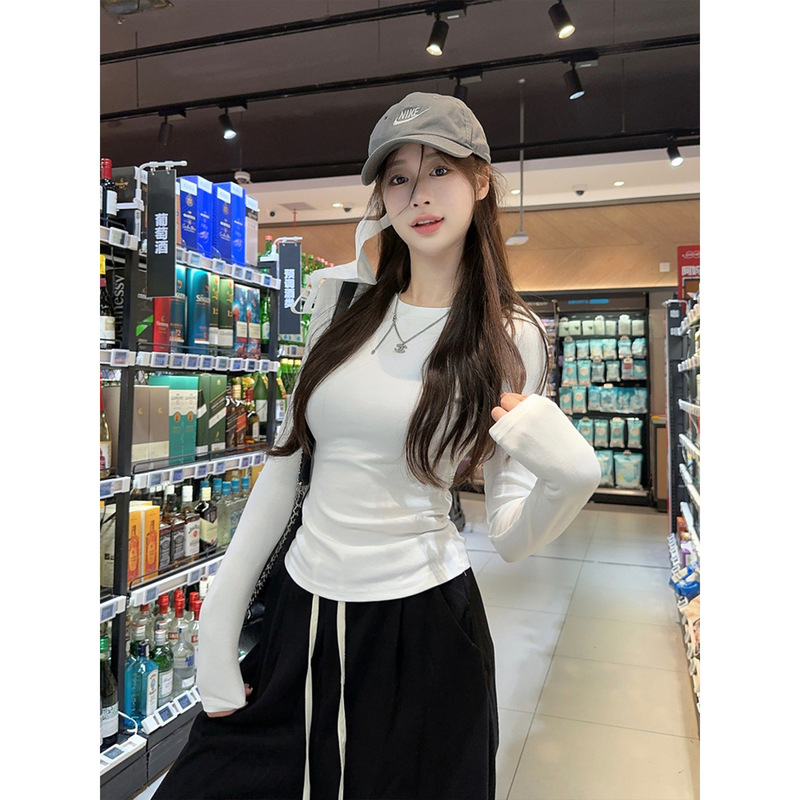 韩系正肩修身长袖T恤女2025秋季新款掐腰短款显瘦纯色女装ins上衣|undefined
