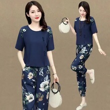 休闲时尚中年职业套装女夏季大码妈妈绣花两件套潮束脚裤洋气新款