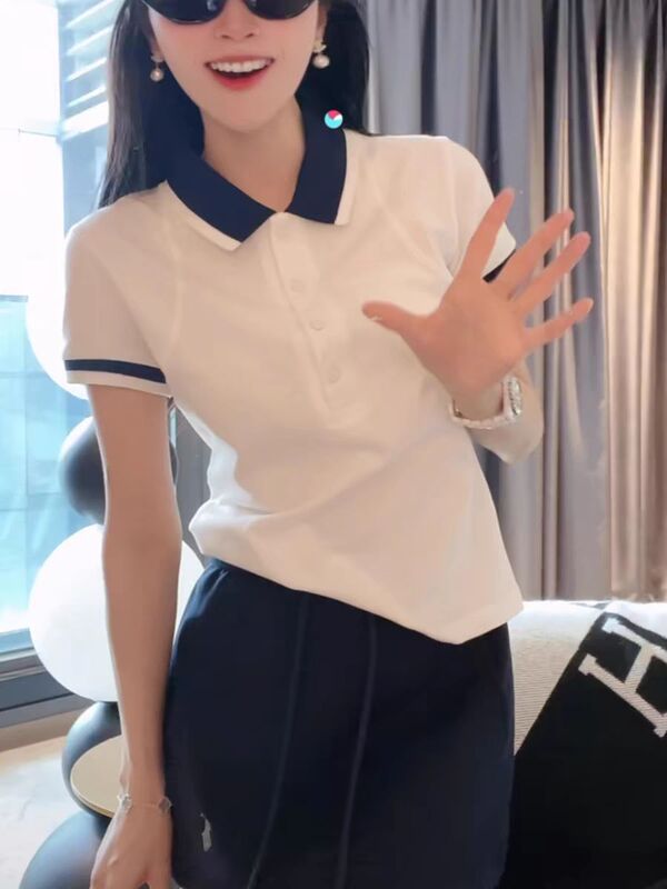 アカデミック風poloシャツ折り襟半袖tシャツレディース夏2025年新作白コート高級感プラスショルダー|undefined