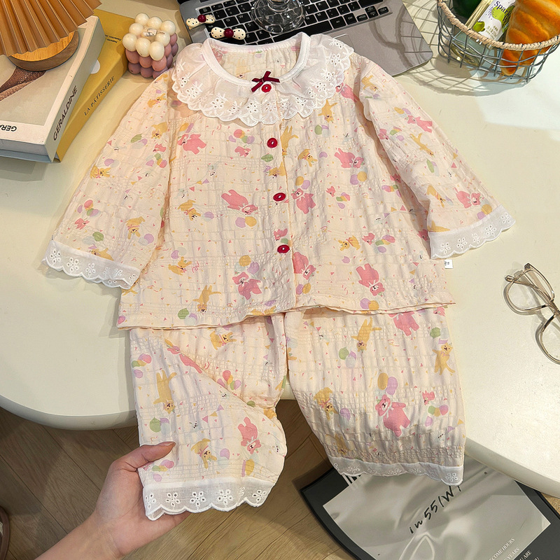 2026 New Children's Cloud Cotton Home Wear Set, Girls' Floral Cartoon Pajamas, Thin Breathable Air-Conditioning Clothing 2026 New Children's Cloud Cotton Home Wear Set, Girls' Floral Cartoon Pajamas, Thin Breathable Air-Conditioning Clothing