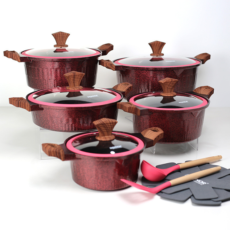 Juego de olla antiadherente de olla de aluminio DONNOR Juego de olla de fundición a presión de 15 piezas de la serie Crown Juego de olla de sopa poco profunda