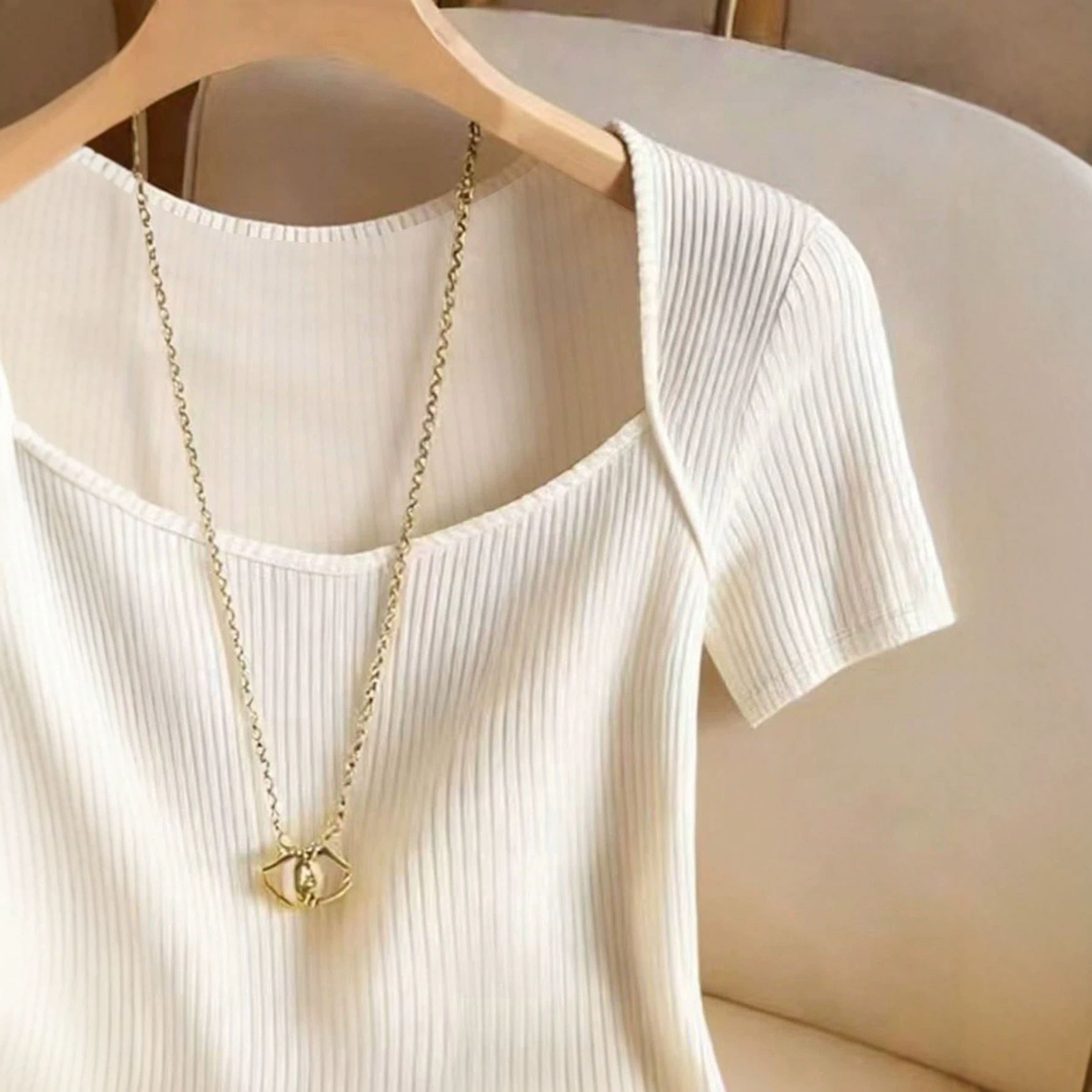 New Summer Women's Slim Fit T-Shirt Elegant European American Style Apricot Square Neck Short Sleeve Patchwork Casual Top_ecoleips.com