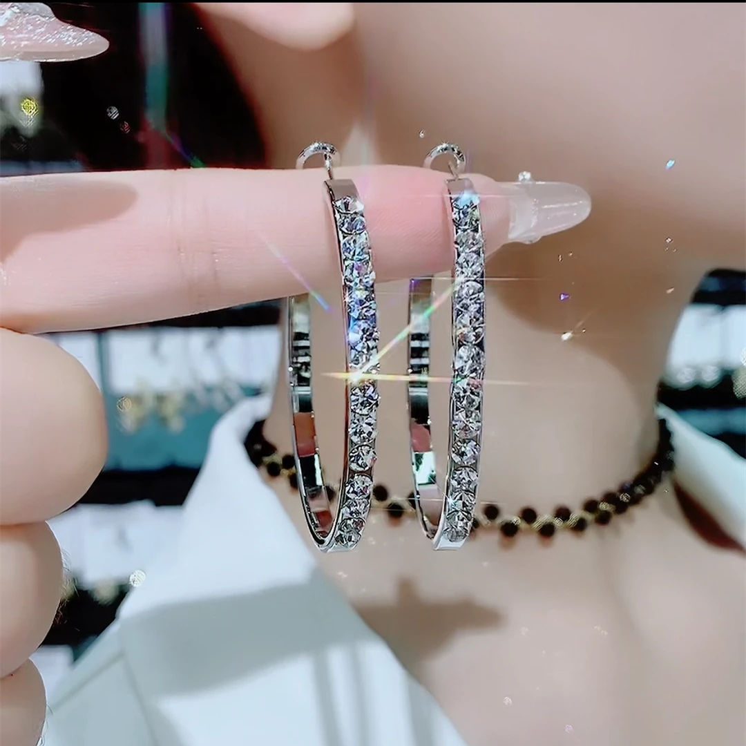 Full Diamond Silver Exaggerated Large Hoop Earrings for Women, European and American Design, Trendy Versatile Earrings, 2023 New Style