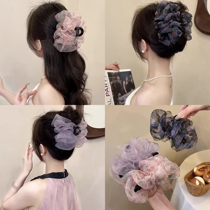 雰囲気のある花柄のヘアクリップ、新しいオーガンジーの特別な色、優しいレトロな後頭部の気質のヘアクリップ|undefined