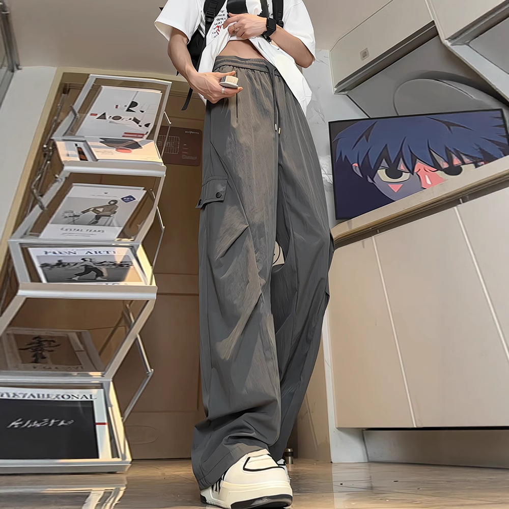 dark gray American-style overalls men's summer thin tall long quick-drying pants pleated hiking paratrooper pants