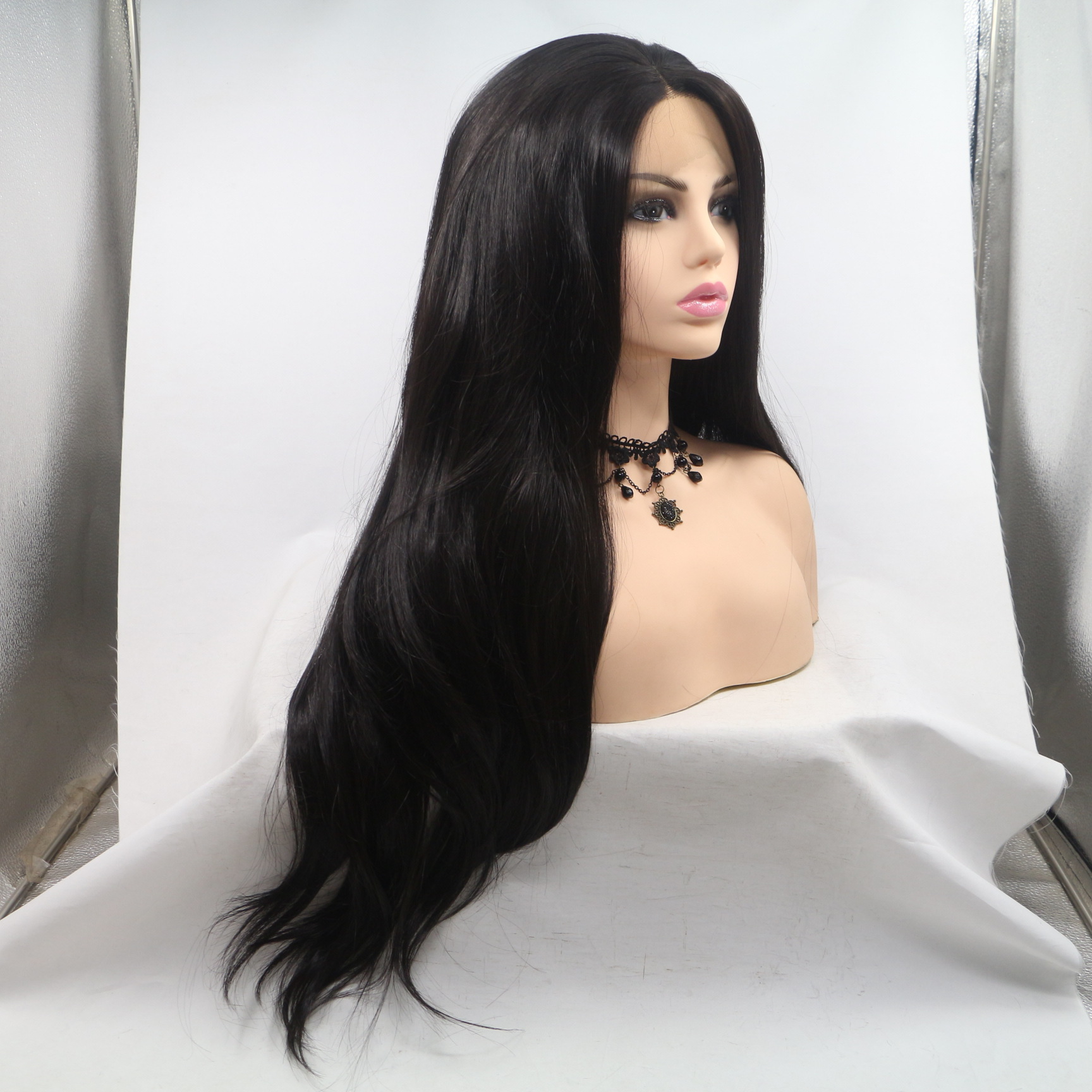 Pelucas negras de fibra química de encaje largo rizado transfronterizo Lace Front Wigs