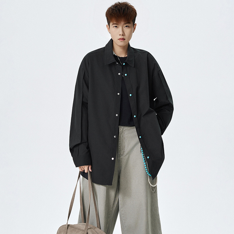 Long-Sleeved Shirt for Men, Spring and Autumn 2025 New Style, Turquoise Button-Up, Trendy Brand, Loose Casual Turn-Down Collar Shirt Jacket