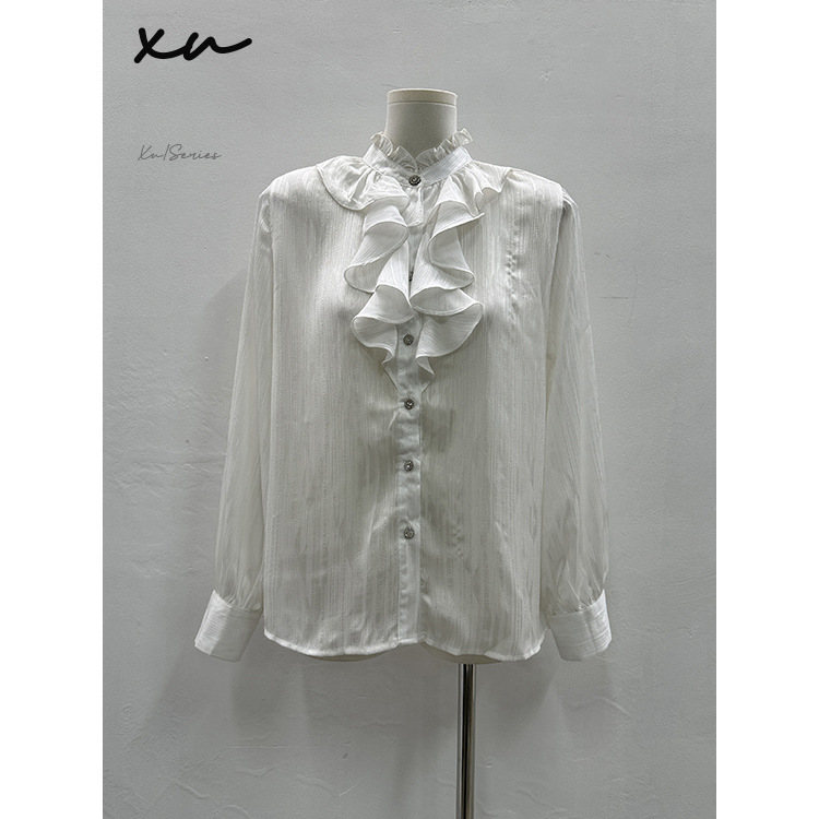 Closed and Liquidated! Xu607 # M Size Romantic French Court Style Ruffled Stand Collar Heavy Embellished Button Long-Sleeve Shirt