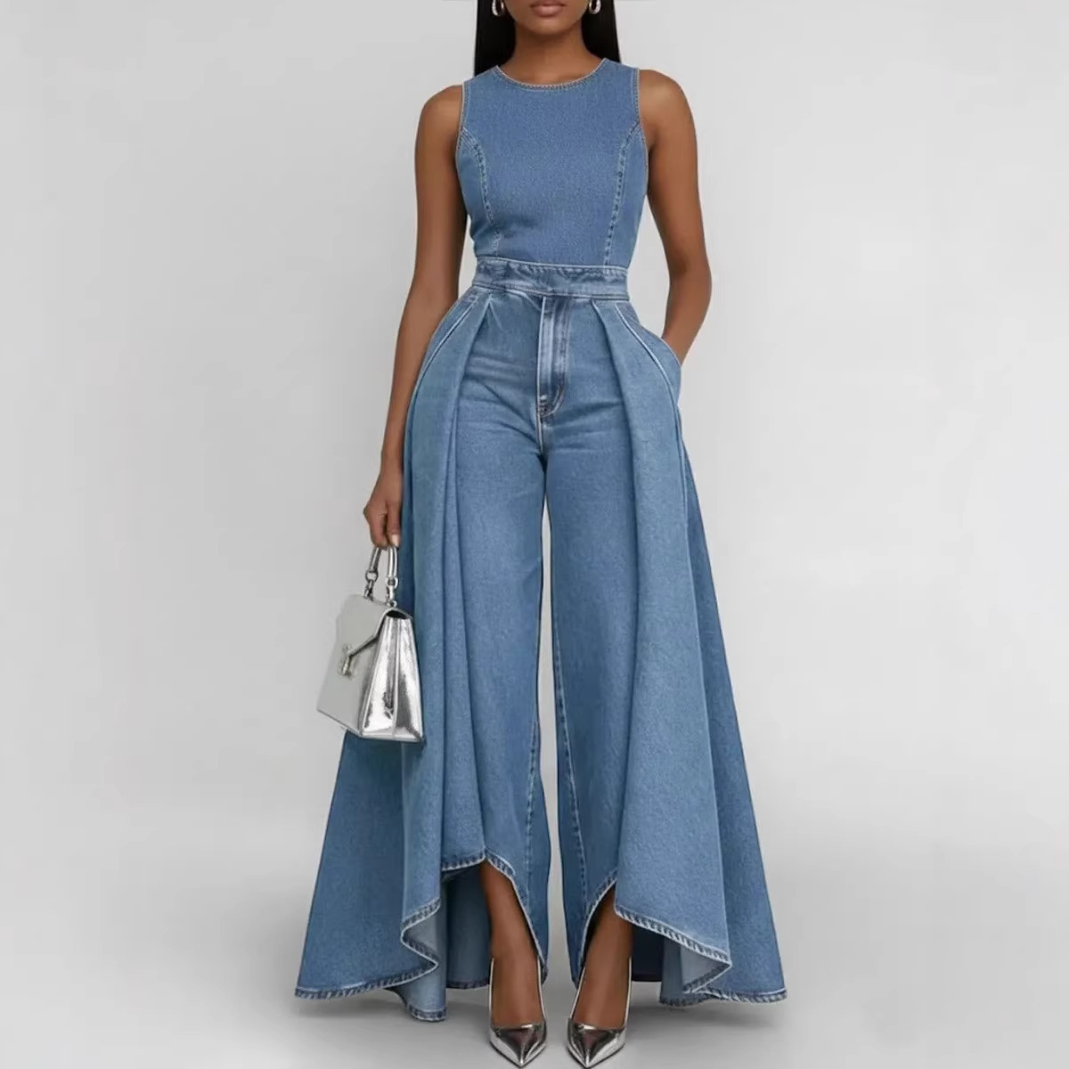 Ropa de mujer Mono vaquero informal sin mangas con cuello redondo y pernera ancha para mujer, ideal para ocasiones formales e informales._voghion.com