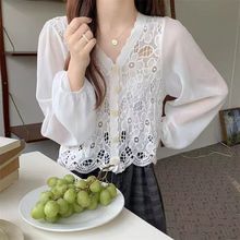 上衣拼接时尚新款潮夏针织开衫女薄款洋气雪纺衬衫上衣女镂空钩花