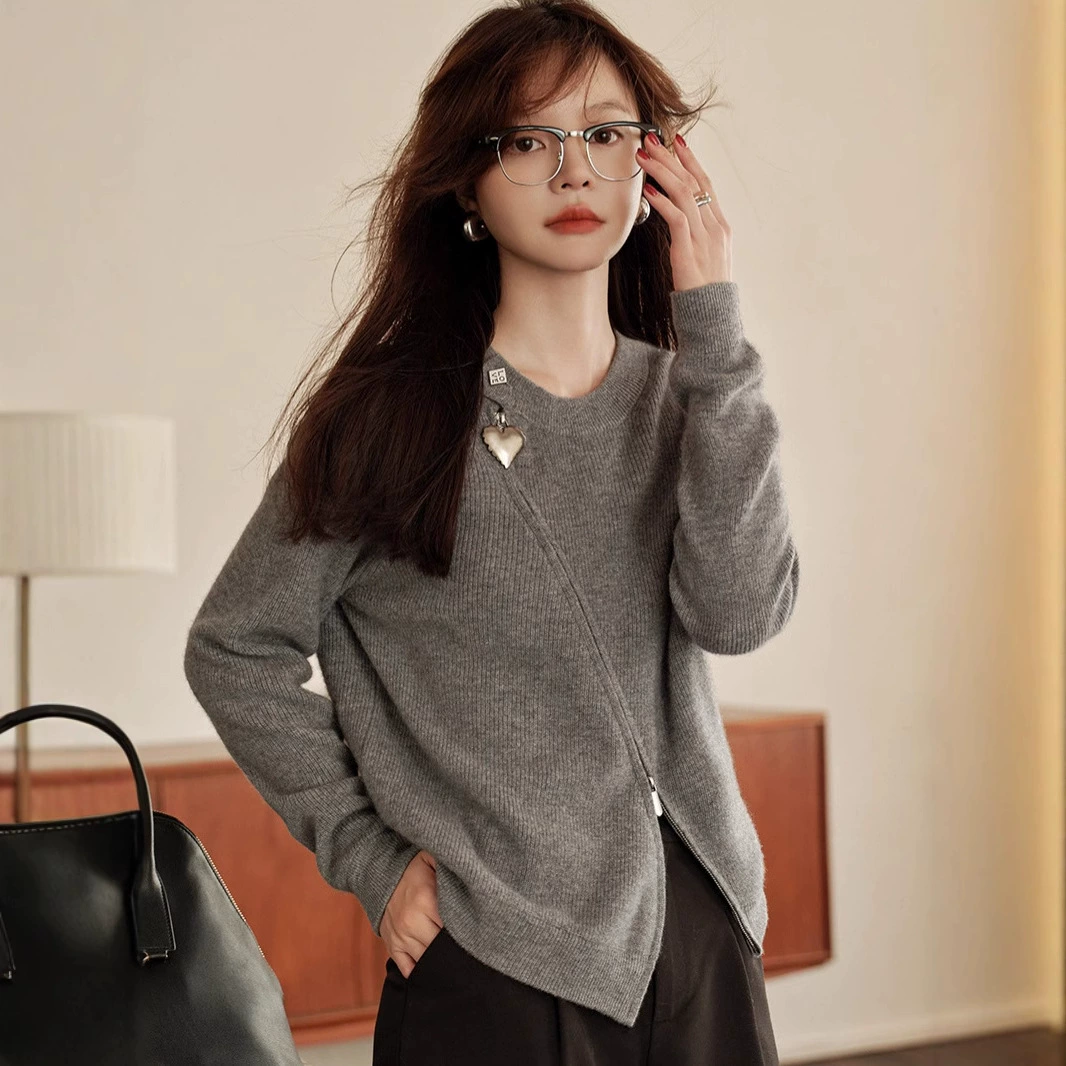 Эцзя та же осень и зима 2024 новый 100% чистый горный кашемировый свитер женский вязаный кардиган куртка любовь косой молнии