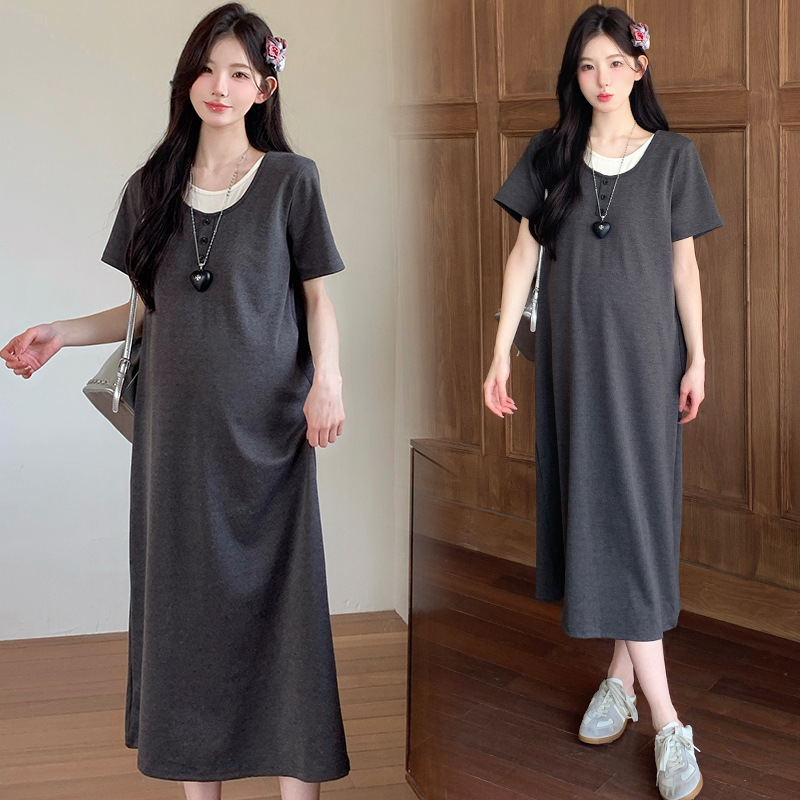 2025 New Pregnant Women Summer New Fashion Loose Slimming Look Ice Silk Fake Two-Piece Dress