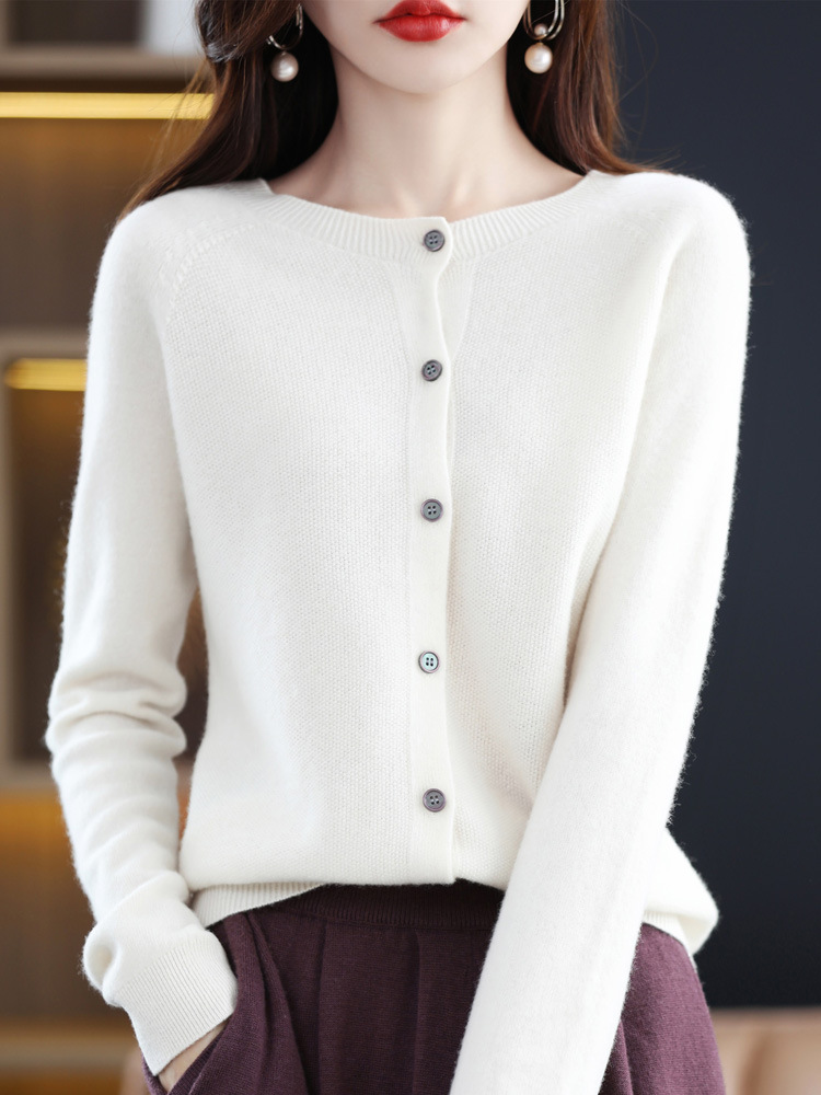Cárdigan de Punto de Lana para Mujer Lana Cuello Redondo, Manga Larga para Otoño e Invierno