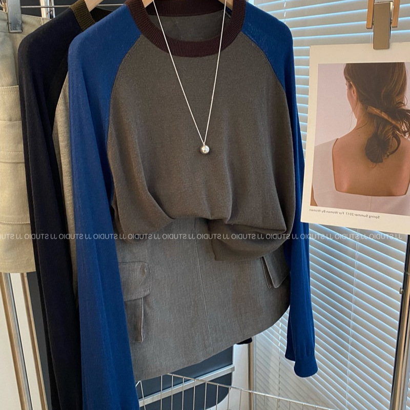 Fine wool! Korean Dongdaemun raglan sleeve fashionable color-block loose-fit knit sweater top for women, 2026 autumn collection