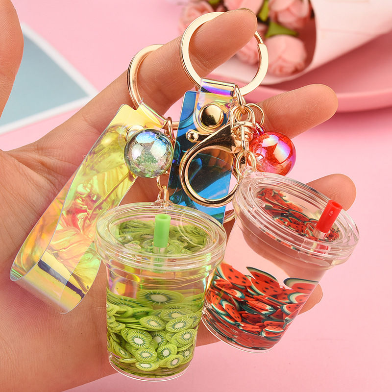 Creative Milk Tea Cup Simulation Fruit Piece Floating Leather Rope Key Chain Wholesale Nihaojewelry display picture 2