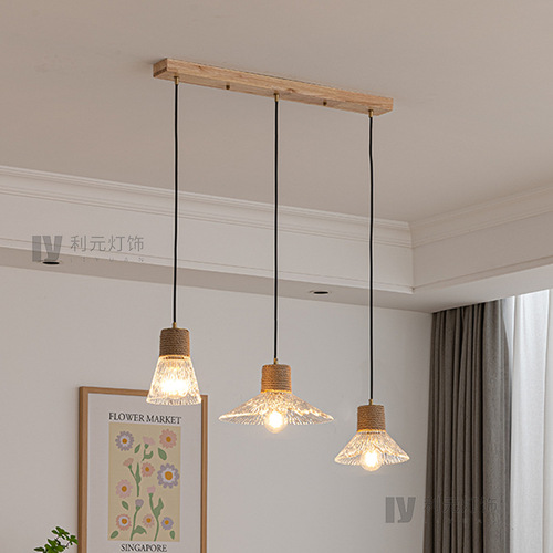 Japanese style log wind glass chandelier restaurant bar window small chandelier commercial three-head hemp rope disc dining chandelier