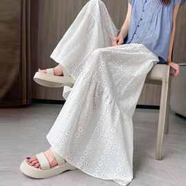 设计感镂空刺绣下摆休闲裤女夏季薄款松紧腰拼接直筒阔腿裤山本裤
