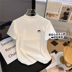 半高襟ニット半袖tシャツ女性の夏のデザイン感小衆三日月刺繍tシャツの短い肩の上着