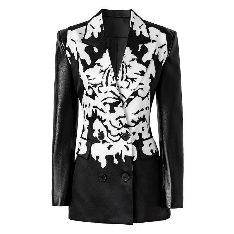 ~ in stock ~ 2025 spring new design sense PU leather sleeve stitching printing slim waist small suit coat cross-border