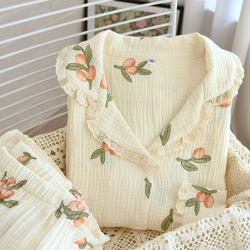 Pastoral Pajamas Cotton Gauze Long Sleeves Cute Outing Homewear Suit