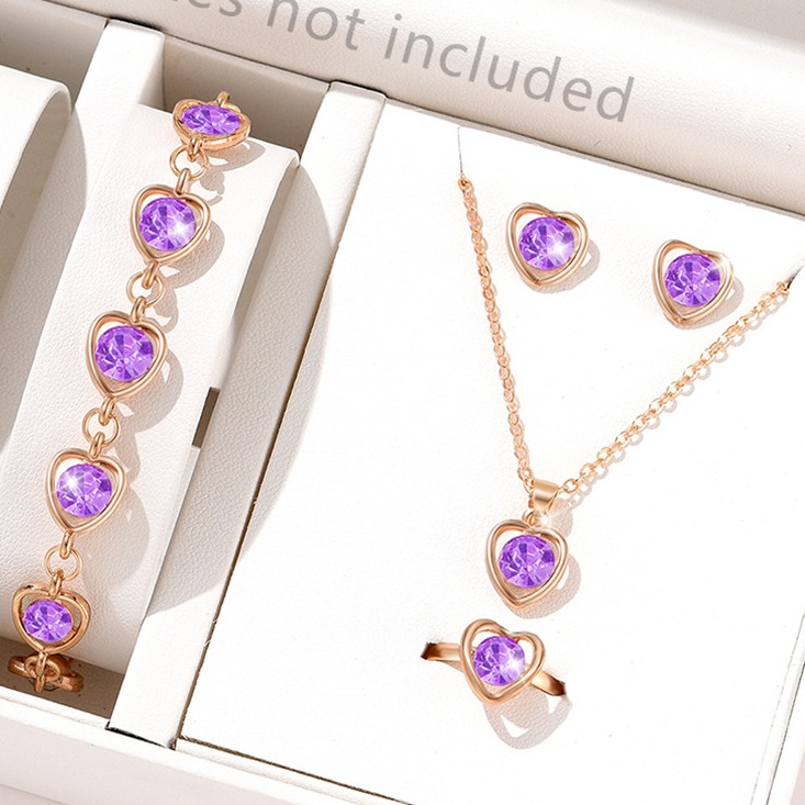 European and American Cross-Border New Fashion Jewelry Set: Hollow Heart Colorful Diamond Earrings, Bracelet, Stylish Necklace, and Ring Four-Piece Set